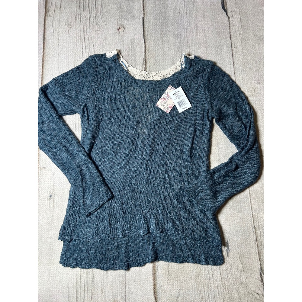 Pink‎ Republic Sweater Womens Medium Coyote Blue Boho Crochet Lace Back Knit